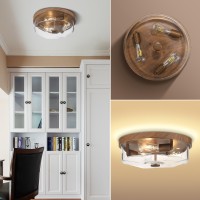 Luminzone Flush Mount Ceiling Light With Clear Glass Shade, 3-Light Indoor Outdoor Farmhouse Lighting Flush Mount Lights For Kitchen Bedroom Porch Living Dining Room (Wood)