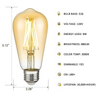 Emliviar Vintage 9W Led Light Bulb With Amber Glass, Antique Led Bulbs 100 Watt Equivalent, 3000K 880Lm Warm White Brightness, Cri 80+, 4 Pack, St58-Led-9W-A