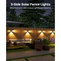 Jackyled Solar Fence Lights 3Side Lighthouse Patterns Solar Powered Outdoor Lights Ip65 Waterproof Fence Lights For Outside