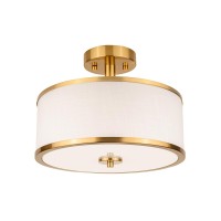 Edwarmlux 3Light Semi Flush Mount Ceiling Light Fixture 126 Gold Drum Light With White Fabric Shade Modern Close To Ceilin