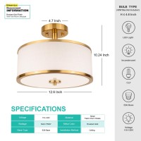 Edwarmlux 3Light Semi Flush Mount Ceiling Light Fixture 126 Gold Drum Light With White Fabric Shade Modern Close To Ceilin