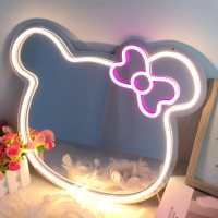 Hotfutic Hello Kit Mirror Vanity Cute Hello Kit Led Wall Mirror Bedroom Decor Brightness Adjustable Cat Neon Light Sign Wall D