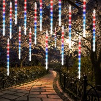 24 Tubes Meteor Shower Lights, Outdoor Icicles Patriotic Lights, 12 Inch 3 X 288 Led Iciclelights Falling Raindrop Lights, Connectable For Independence Day Party Tree Holiday Decor, Red White & Blue