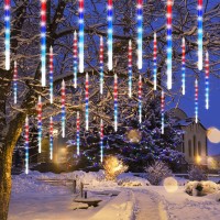 24 Tubes Meteor Shower Lights, Outdoor Icicles Patriotic Lights, 12 Inch 3 X 288 Led Iciclelights Falling Raindrop Lights, Connectable For Independence Day Party Tree Holiday Decor, Red White & Blue