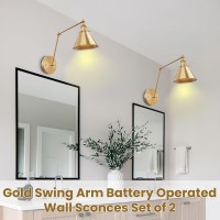 Lumiman Gold Wall Sconce Battery Operated Set Of 2 Vintage Swing Arm Wall Lights Wireless 270Rotate Head Battery Powered Wall