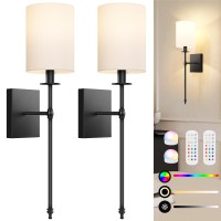 Battery Operated Wall Sconces Set Of 2 With Remote Control Black Indoor Not Hardwired Dimmable Wall Lamps With White Fabric Sha