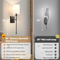 Battery Operated Wall Sconces Set Of 2 With Remote Control Black Indoor Not Hardwired Dimmable Wall Lamps With White Fabric Sha