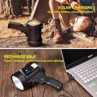 Csndice Rechargeable Spotlight,1000000Lm Spotlight Flashlight With 6 Modes, Ip65 Waterproof Spot Light With Cob Light And Solar Panels, Handheld Spotlight Rechargeable For Hunting Boating Camping