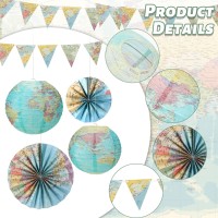 Tujoe 19 Pcs Map Classroom Decorations Travel Themed Party Decorations Map Globes Hanging Paper Lantern Fans Triangle Flags Bann