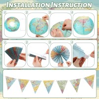 Tujoe 19 Pcs Map Classroom Decorations Travel Themed Party Decorations Map Globes Hanging Paper Lantern Fans Triangle Flags Bann