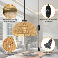 Plug In Pendant Light 15Ft Hemp Rope Cord Hanging Light With Plug In Cord Dimmable Switch Rattan Hanging Lamp Wicker Woven Bask