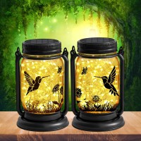 2 Pack Outdoor Hanging Solar Lanterns Hummingbird Theme Vintage Glass Mason Jar Solar Fairy Lights Gifts For Mom Grandma Wom