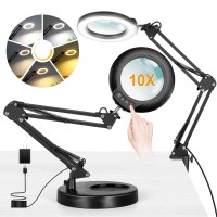 Ivmaie 10X Magnifying Glass With Light And Stand 2In1 Lighted Magnifier With Clamp 5 Color Modes Dimmable Led Desk Lamp Hand