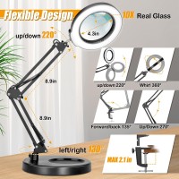 Ivmaie 10X Magnifying Glass With Light And Stand 2In1 Lighted Magnifier With Clamp 5 Color Modes Dimmable Led Desk Lamp Hand