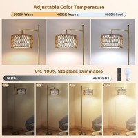 Netin Rattan Floor Lamps For Living Room Gold Arc Floor Lamp Dimmable With Rattan Linen Double Shades Boho Standing Lamp With