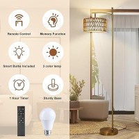 Netin Rattan Floor Lamps For Living Room Gold Arc Floor Lamp Dimmable With Rattan Linen Double Shades Boho Standing Lamp With