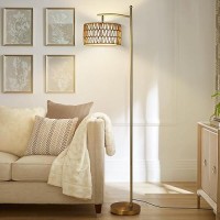 Netin Rattan Floor Lamps For Living Room Gold Arc Floor Lamp Dimmable With Rattan Linen Double Shades Boho Standing Lamp With