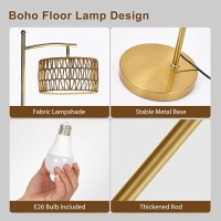 Netin Rattan Floor Lamps For Living Room Gold Arc Floor Lamp Dimmable With Rattan Linen Double Shades Boho Standing Lamp With