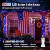 Jmexsuss 2 Pack Red White And Blue Lights Outdoor 33Ft 100 Led 4Th Of July Lights Battery Operated 8 Modes Patriotic Decoratio