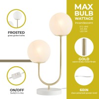 510 Design Table Lamp For Bedroom - Metal Gold Nightstand Lamp, Frosted Glass Globes Modern Bedside Lamp W/White Base, Clear Polarized Cord & In Line Switch, Accent Lamp Decor, 20