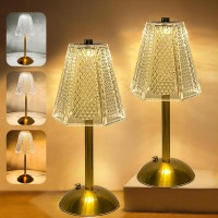 Azcooks 2 Pack Table Lamp 3 Color Dimmable Gold Lamp Rechargeable Led Desk Lamp Hexagon Crystal Lamp Cordless Table Lamp Vintage