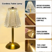 Azcooks 2 Pack Table Lamp 3 Color Dimmable Gold Lamp Rechargeable Led Desk Lamp Hexagon Crystal Lamp Cordless Table Lamp Vintage