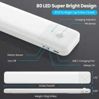 80Leds Under Cabinet Light 2 Pack Motion Sensor Led Light Indoor Usb C Rechargeable Closet Under Counter Lighting 126Inch Batte