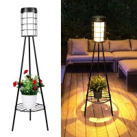 Roshwey Solar Lights Outdoor With Plant Stand 1 Pack Waterproof Solar Floor Lamps For Patio Porch Decor Solar Powered Metal Fl