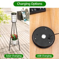 Roshwey Solar Lights Outdoor With Plant Stand 2 Pack Waterproof Solar Floor Lamps With Usb Charging Solar Powered Metal Flower