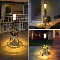 Roshwey Solar Lights Outdoor With Plant Stand 2 Pack Waterproof Solar Floor Lamps With Usb Charging Solar Powered Metal Flower