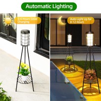 Roshwey Solar Lights Outdoor With Plant Stand 2 Pack Waterproof Solar Floor Lamps With Usb Charging Solar Powered Metal Flower