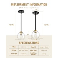 Emak 2 Pack Black And Gold Pendant Light Fixtures Modern 7 Inch Globe Pendant Lights Kitchen Island With Clear Glass Shade 1 L