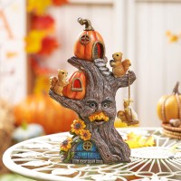 Teresas Collections Outdoor Fall Decor With Solar Lights For Outside Halloween Tree Fairy House Squirrels Pumpkin Resin Garden