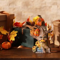 Teresas Collections Outdoor Fall Decor With Solar Lights For Outside Halloween Tree Fairy House Squirrels Pumpkin Resin Garden