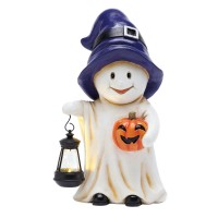 Teresas Collections Halloween Spooky Garden Statues With Solar Lights Cute Purple Hat Ghost With Lantern For Resin Halloween D