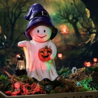 Teresas Collections Halloween Spooky Garden Statues With Solar Lights Cute Purple Hat Ghost With Lantern For Resin Halloween D