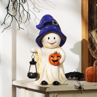 Teresas Collections Halloween Spooky Garden Statues With Solar Lights Cute Purple Hat Ghost With Lantern For Resin Halloween D