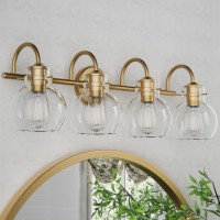 Primeplus 4Light Gold Bathroom Vanity Light Fixtures 28 Inch Bathroom Light Fixtures Over Mirror With Clear Glass Shade Wall M