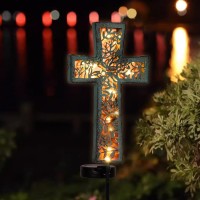 Huyieno Solar Cross Garden Stake Lights 38Inch Metal Outdoor Waterproof Memorial Garden Decor 2 Lighting Modes Cemetery Decorati