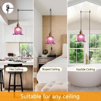 Qufute Hanging Swag Plug In Pendant Light Flower Shaped Purple Glass Plug Pendant Lamp With 15 Ft Switch Cord Plug In Vintage Industrial Pendant Light For Kitchen Bedroom Background