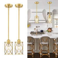 Osimir Brushed Gold Pendant Lights Kitchen Island 2 Pack Brass Glass Pendant Light Fixture Farmhouse Cage Hanging Lighting With