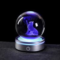 Youercrystal 3D Cat Figurine In Crystal Ball Nightlight With Colorful Led Base Cute Cat Lover Gifts For Woman Crystal Glass Ki