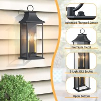 Lawyettle Dusk To Dawn Outdoor Wall Lantern 2Light 21 Large Outside Wall Sconce Modern Black Wall Light Fixture With Glass