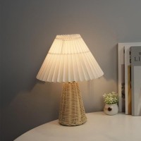 Garosa Rattan Pleated Vintage Bedside Lamps Modern Bedside Nightstand Lamp For Bedroom Living Room Home Office Decor