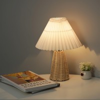 Garosa Rattan Pleated Vintage Bedside Lamps Modern Bedside Nightstand Lamp For Bedroom Living Room Home Office Decor