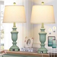 Cinkeda 256 Farmhouse Table Lamps Set Of 2 With Usb Ca Ports Ac Outlet For Rustic Living Room Retro Bedroom 3Way Dimmable