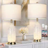 Rinweey 26 Modern Clear Glass Table Lamps Set Of 2 Nightstand Lamp With Usb Ac Ports Ac Outlet Bedside Lamps With 3Way Dim