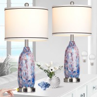 Rinweey 26 Coastal Glass Table Lamps Set Of 2 Nautical Lamp With Usb Ac Ports Ac Outlet Bule Bedside Lamps With 3Way Dimma