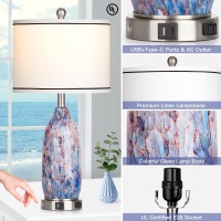 Rinweey 26 Coastal Glass Table Lamps Set Of 2 Nautical Lamp With Usb Ac Ports Ac Outlet Bule Bedside Lamps With 3Way Dimma