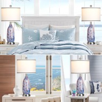 Rinweey 26 Coastal Glass Table Lamps Set Of 2 Nautical Lamp With Usb Ac Ports Ac Outlet Bule Bedside Lamps With 3Way Dimma